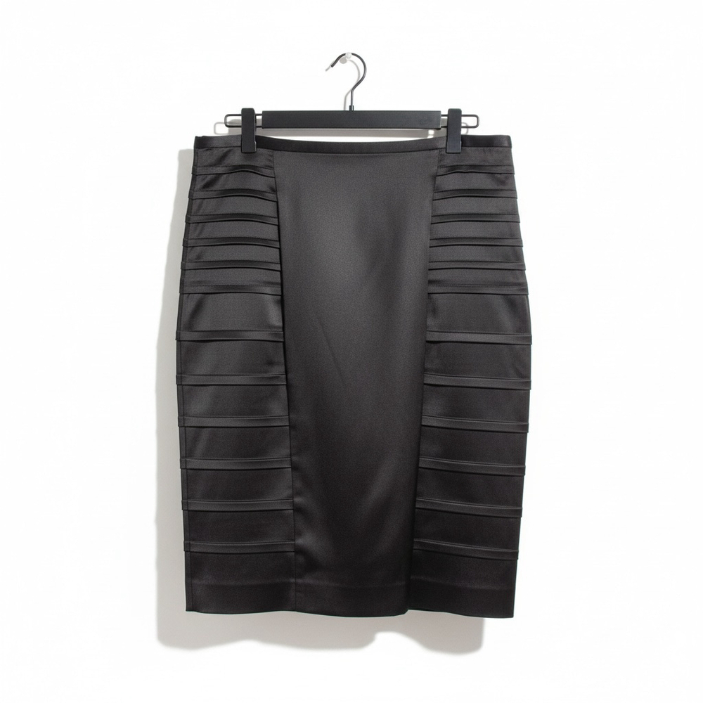 Calvin Klein Sculpted Black Satin Pencil Skirt, L, Panel Side Detail